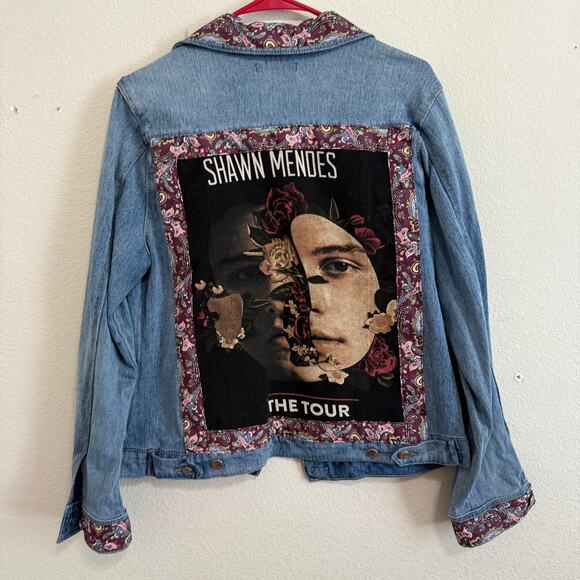 Upcycled Lightweight Denim Trucker Jacket w/Shawn Mendes Graphic On Back Size L - Picture 1 of 10